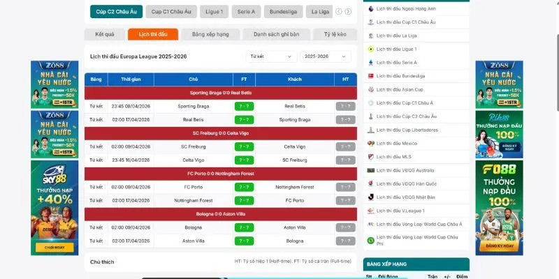 Lịch thi đấu Cúp C2 châu Âu hiển thị đầy đủ và chi tiết