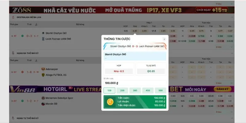 Thông tin cược của tỷ lệ kèo hiển thị cụ thể và rõ ràng